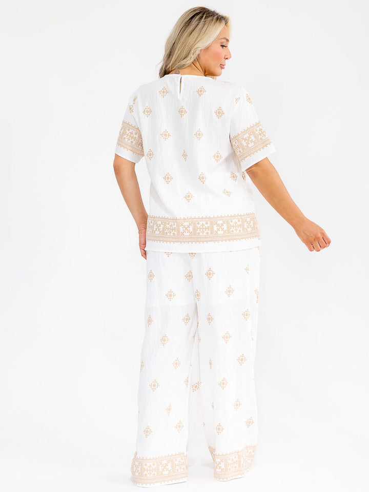 PLUS SIZE SHORT SLEEVE BLOUSE & ELASTIC WAIST PANTS MULTI PRINT 2PC. SET