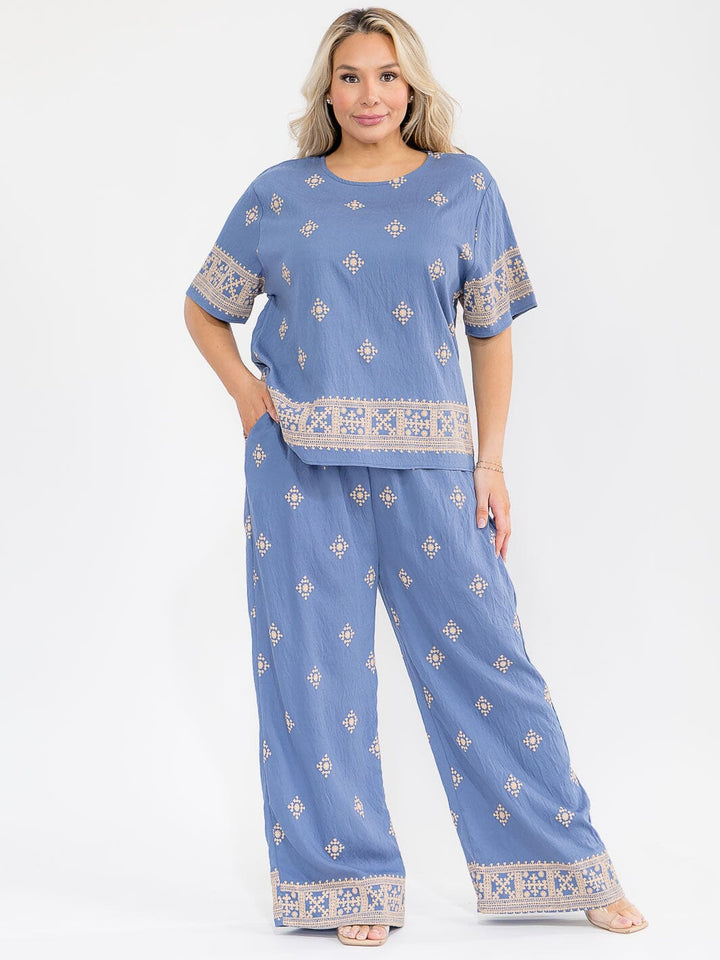 PLUS SIZE SHORT SLEEVE BLOUSE & ELASTIC WAIST PANTS MULTI PRINT 2PC. SET