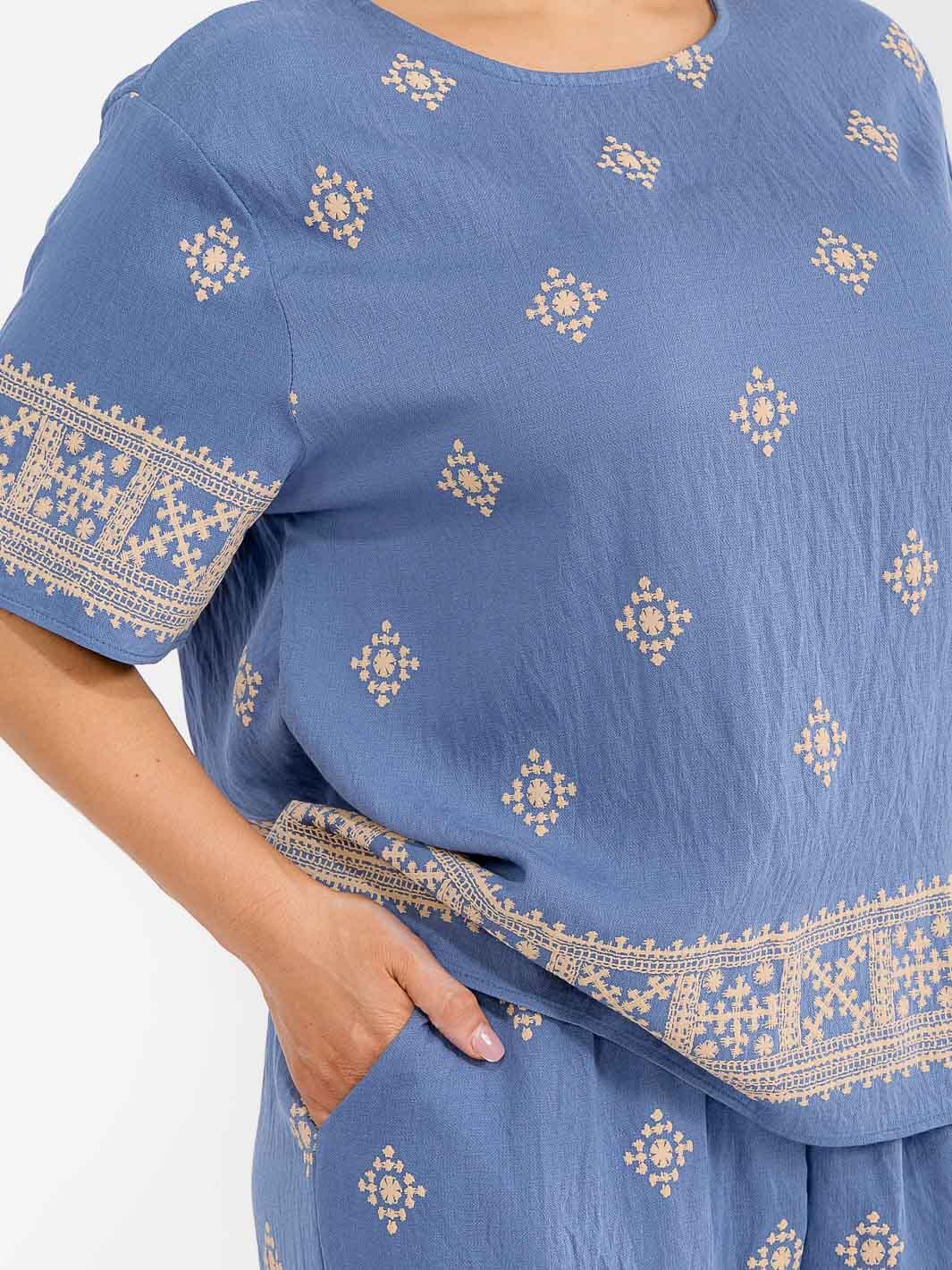 PLUS SIZE SHORT SLEEVE BLOUSE & ELASTIC WAIST PANTS MULTI PRINT 2PC. SET