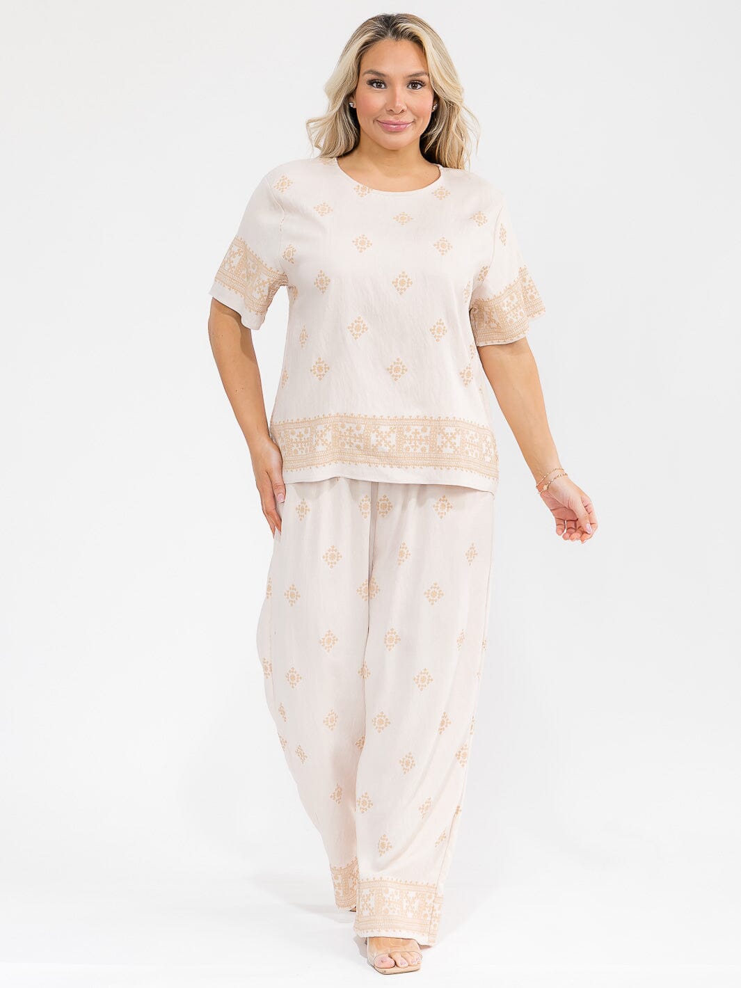 PLUS SIZE SHORT SLEEVE BLOUSE & ELASTIC WAIST PANTS MULTI PRINT 2PC. SET