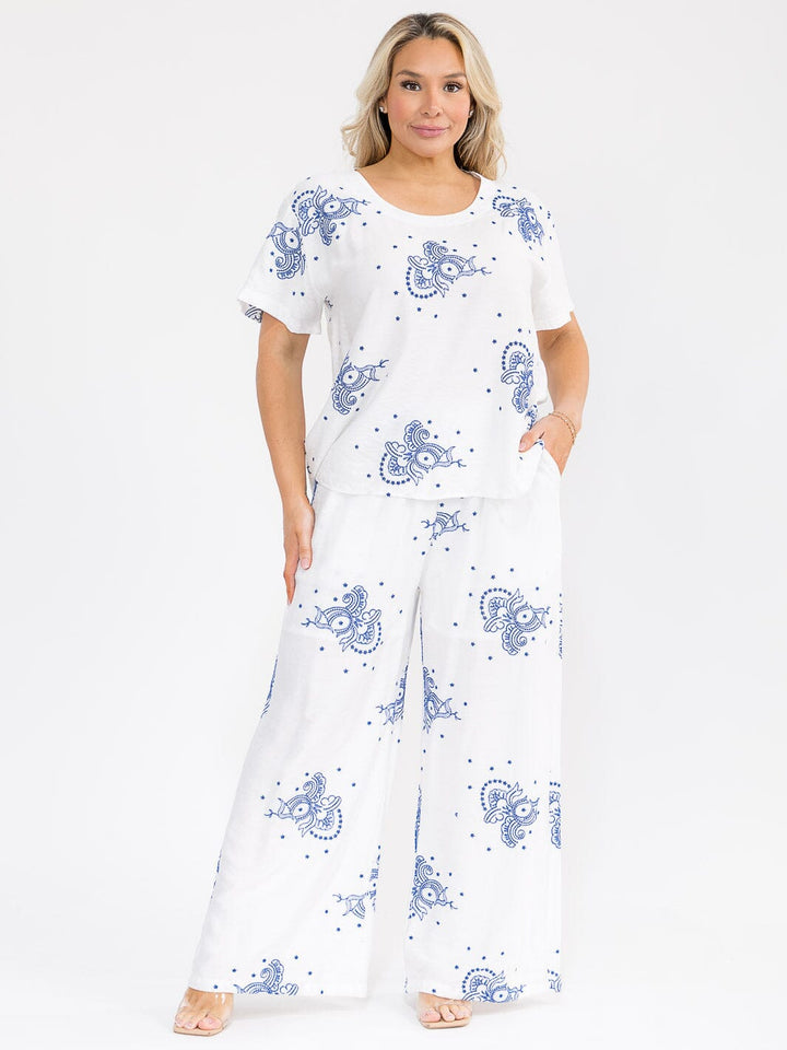 PLUS SIZE SHORT SLEEVE BLOUSE & ELASTIC WAIST PANTS EMBROIDERY 2PC. SET