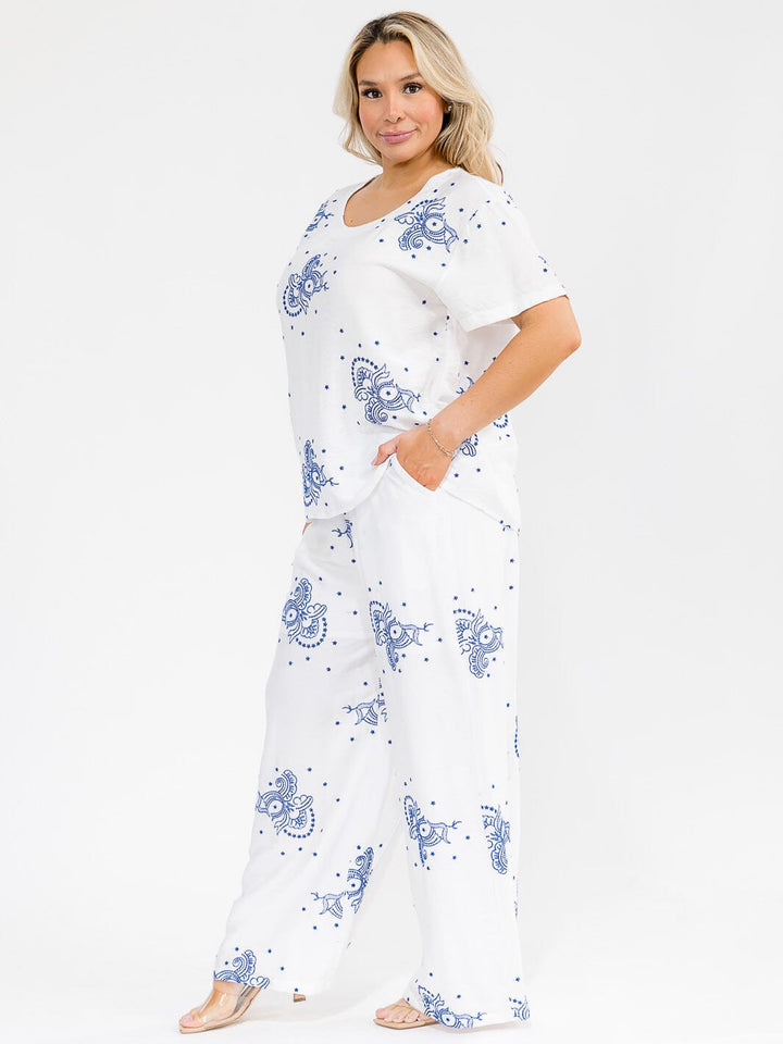 PLUS SIZE SHORT SLEEVE BLOUSE & ELASTIC WAIST PANTS EMBROIDERY 2PC. SET