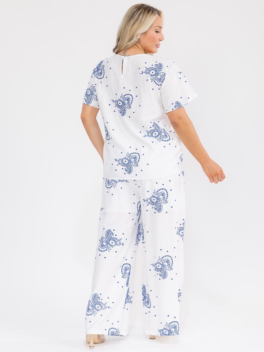 PLUS SIZE SHORT SLEEVE BLOUSE & ELASTIC WAIST PANTS EMBROIDERY 2PC. SET