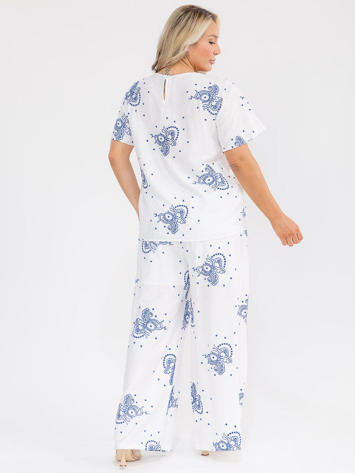 PLUS SIZE SHORT SLEEVE BLOUSE & ELASTIC WAIST PANTS EMBROIDERY 2PC. SET