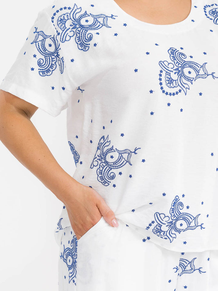 PLUS SIZE SHORT SLEEVE BLOUSE & ELASTIC WAIST PANTS EMBROIDERY 2PC. SET