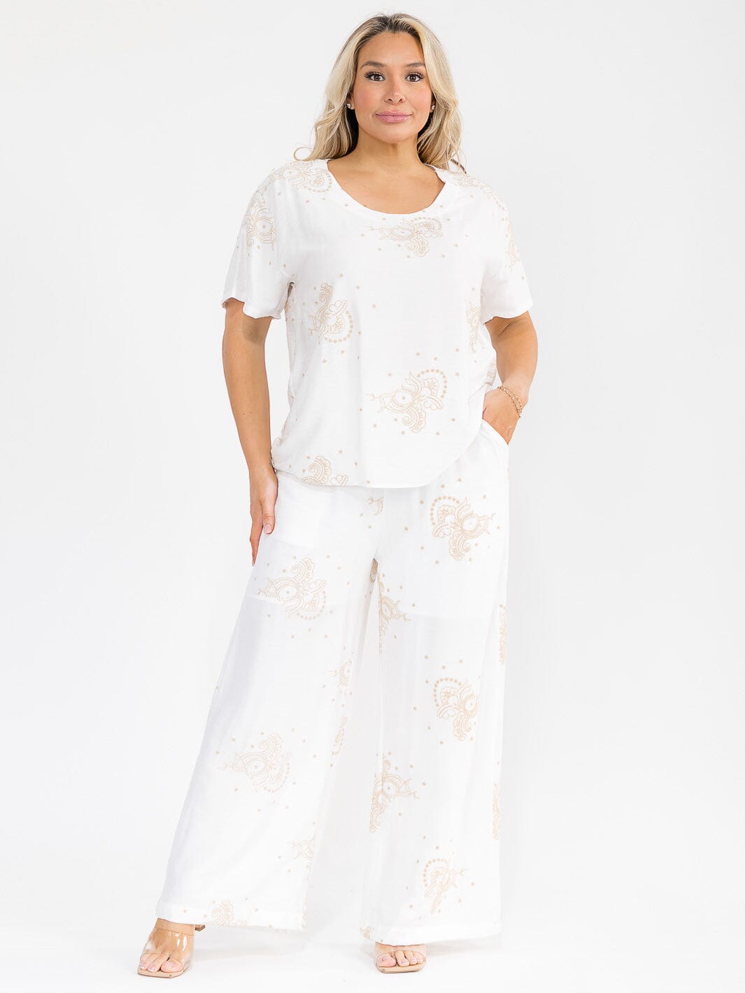 PLUS SIZE SHORT SLEEVE BLOUSE & ELASTIC WAIST PANTS EMBROIDERY 2PC. SET