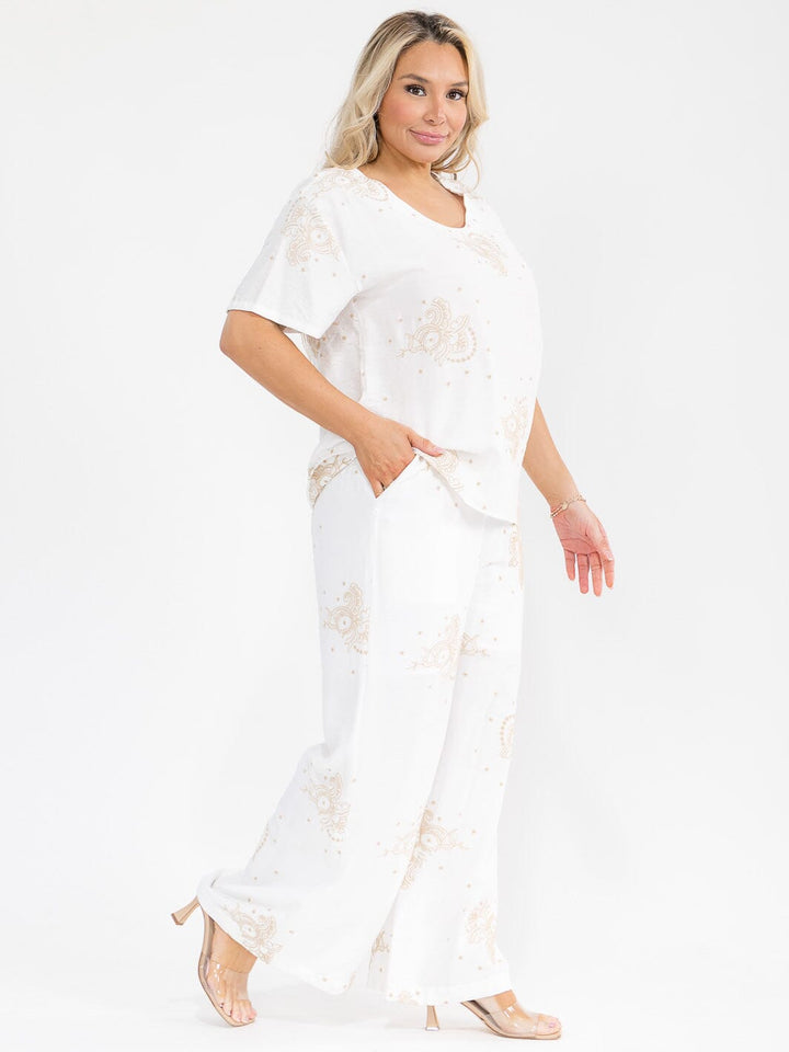 PLUS SIZE SHORT SLEEVE BLOUSE & ELASTIC WAIST PANTS EMBROIDERY 2PC. SET