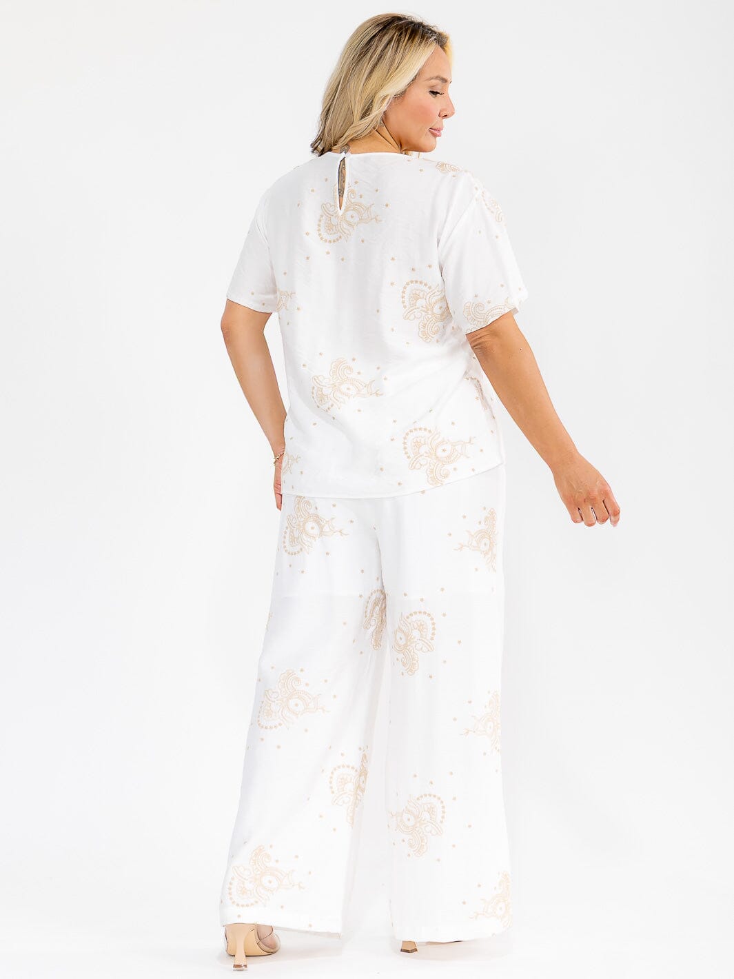 PLUS SIZE SHORT SLEEVE BLOUSE & ELASTIC WAIST PANTS EMBROIDERY 2PC. SET