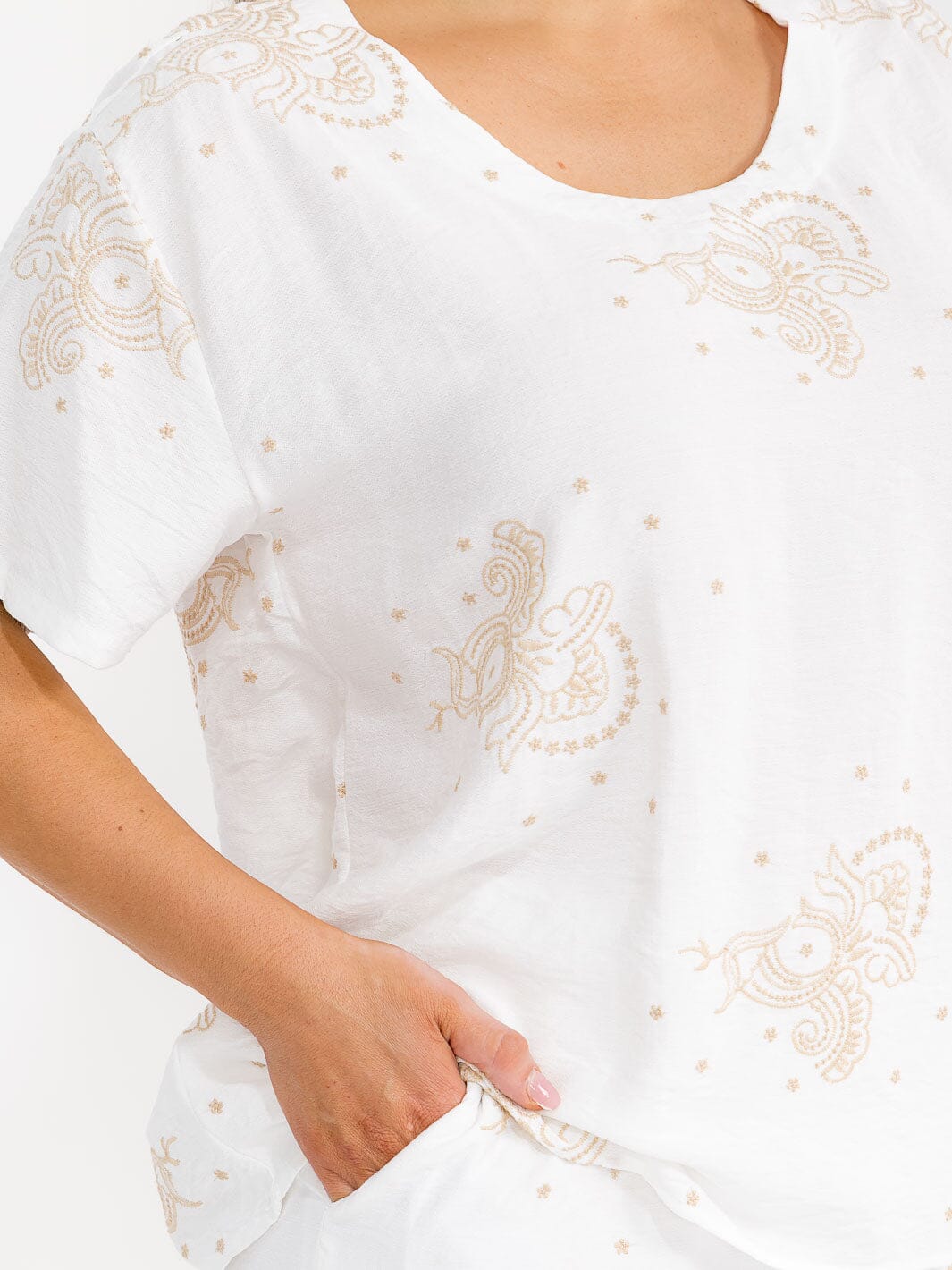 PLUS SIZE SHORT SLEEVE BLOUSE & ELASTIC WAIST PANTS EMBROIDERY 2PC. SET