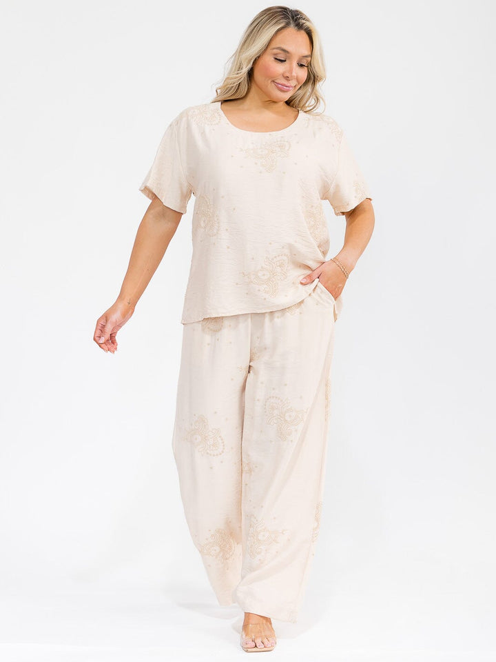 PLUS SIZE SHORT SLEEVE BLOUSE & ELASTIC WAIST PANTS EMBROIDERY 2PC. SET