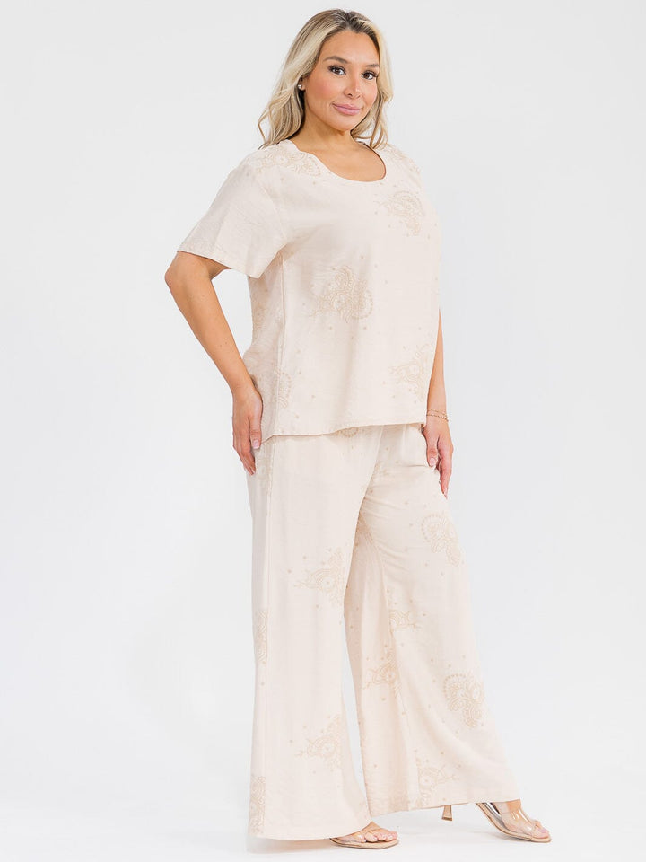 PLUS SIZE SHORT SLEEVE BLOUSE & ELASTIC WAIST PANTS EMBROIDERY 2PC. SET