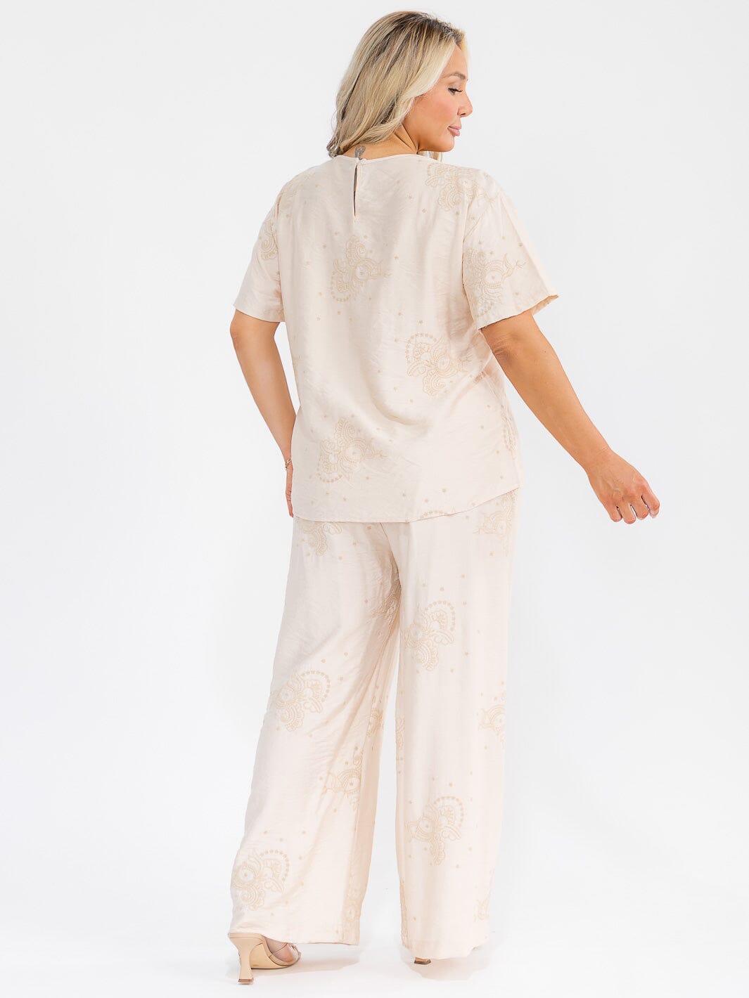 PLUS SIZE SHORT SLEEVE BLOUSE & ELASTIC WAIST PANTS EMBROIDERY 2PC. SET