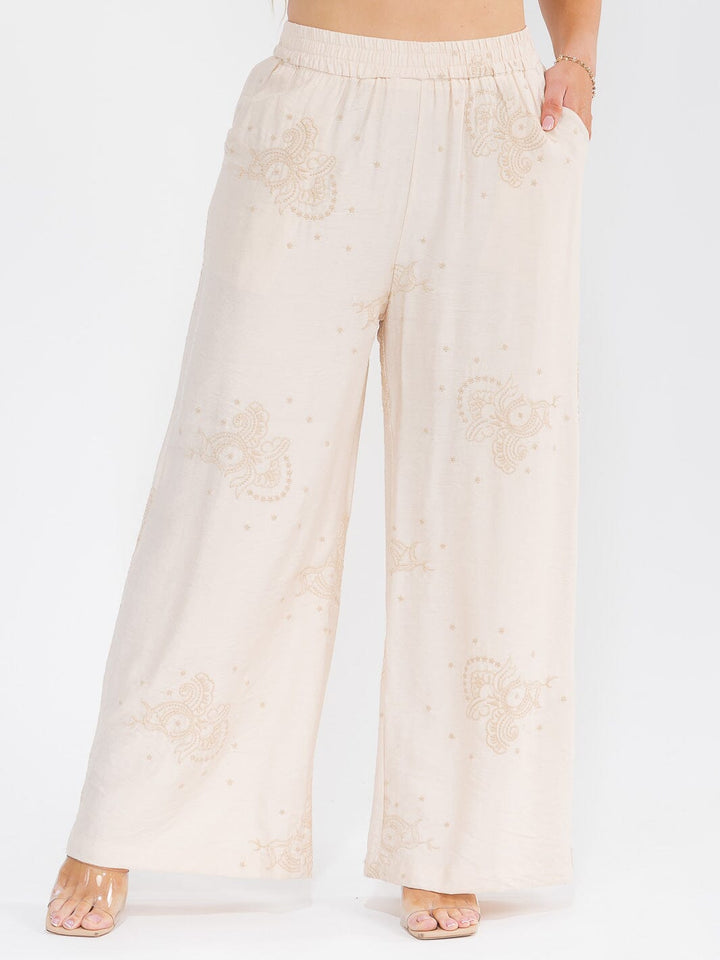 PLUS SIZE SHORT SLEEVE BLOUSE & ELASTIC WAIST PANTS EMBROIDERY 2PC. SET