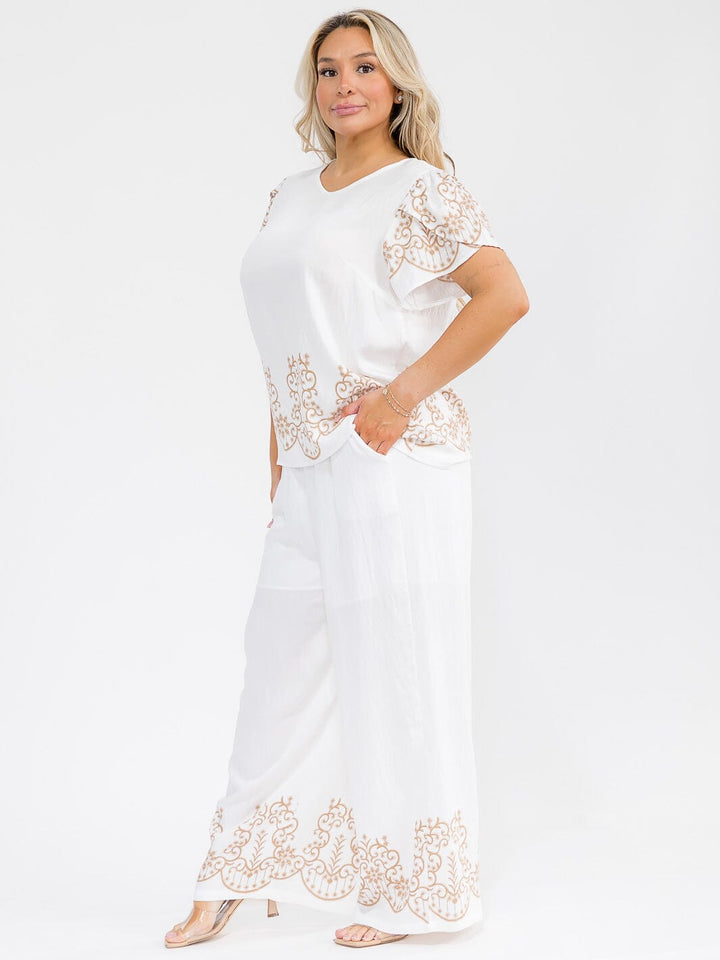 PLUS SIZE SHORT SLEEVE BLOUSE & ELASTIC WAIST PANTS MULTI PRINT 2PC. SET