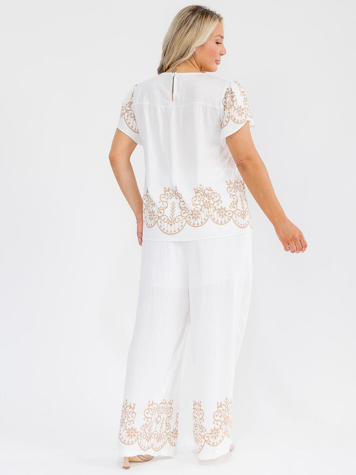 PLUS SIZE SHORT SLEEVE BLOUSE & ELASTIC WAIST PANTS MULTI PRINT 2PC. SET