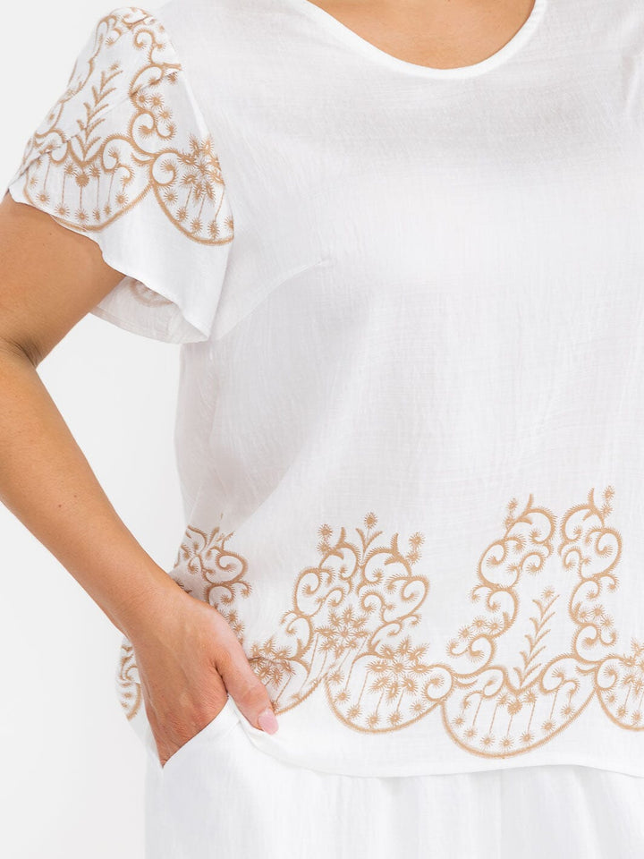 PLUS SIZE SHORT SLEEVE BLOUSE & ELASTIC WAIST PANTS MULTI PRINT 2PC. SET