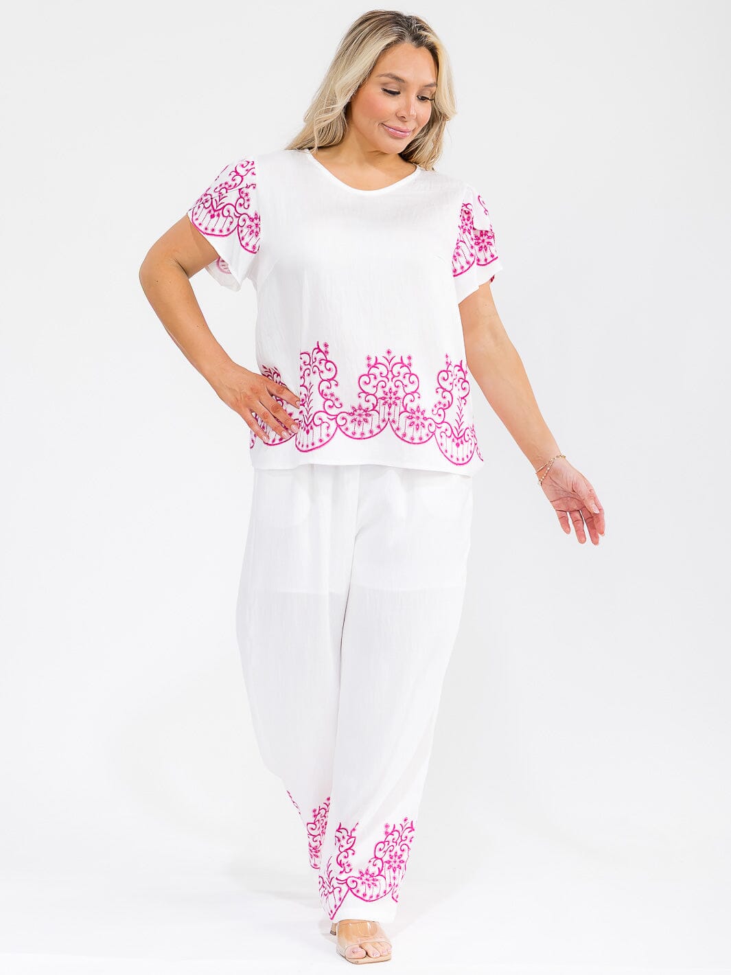 PLUS SIZE SHORT SLEEVE BLOUSE & ELASTIC WAIST PANTS MULTI PRINT 2PC. SET