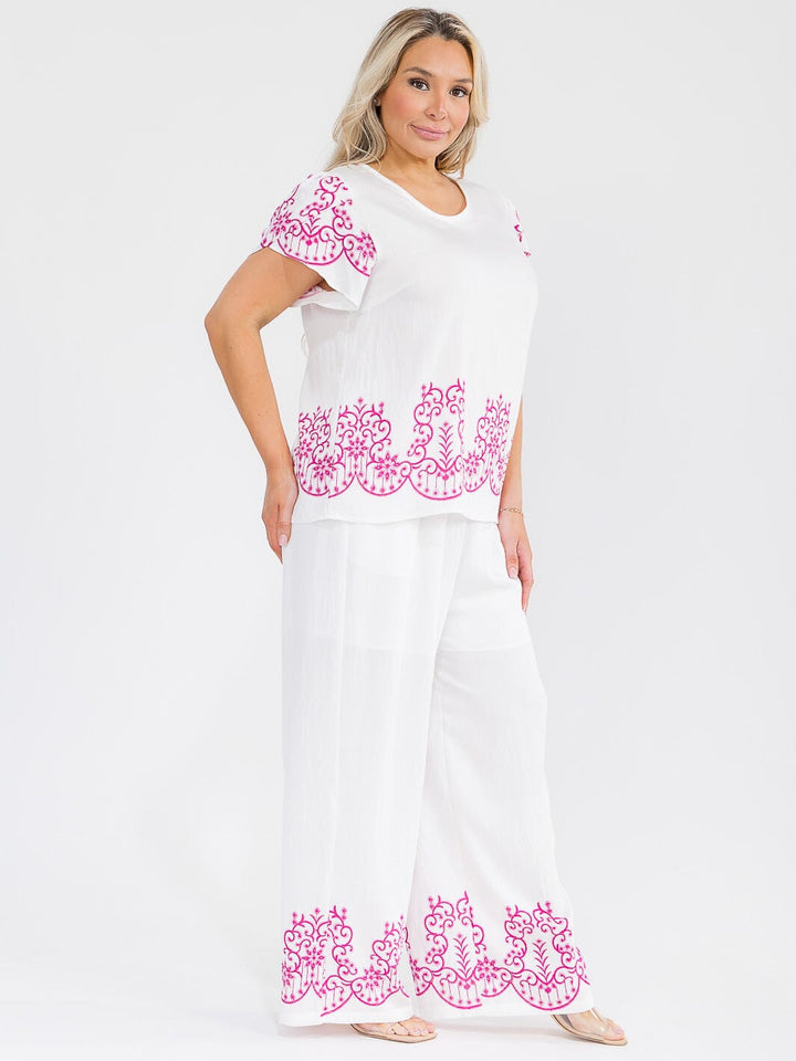 PLUS SIZE SHORT SLEEVE BLOUSE & ELASTIC WAIST PANTS MULTI PRINT 2PC. SET