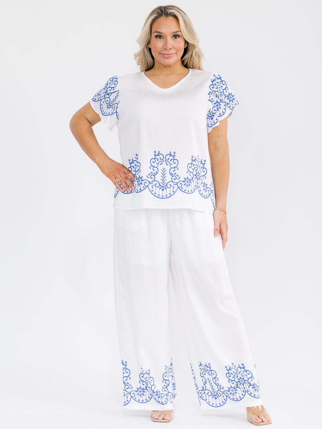 PLUS SIZE SHORT SLEEVE BLOUSE & ELASTIC WAIST PANTS MULTI PRINT 2PC. SET