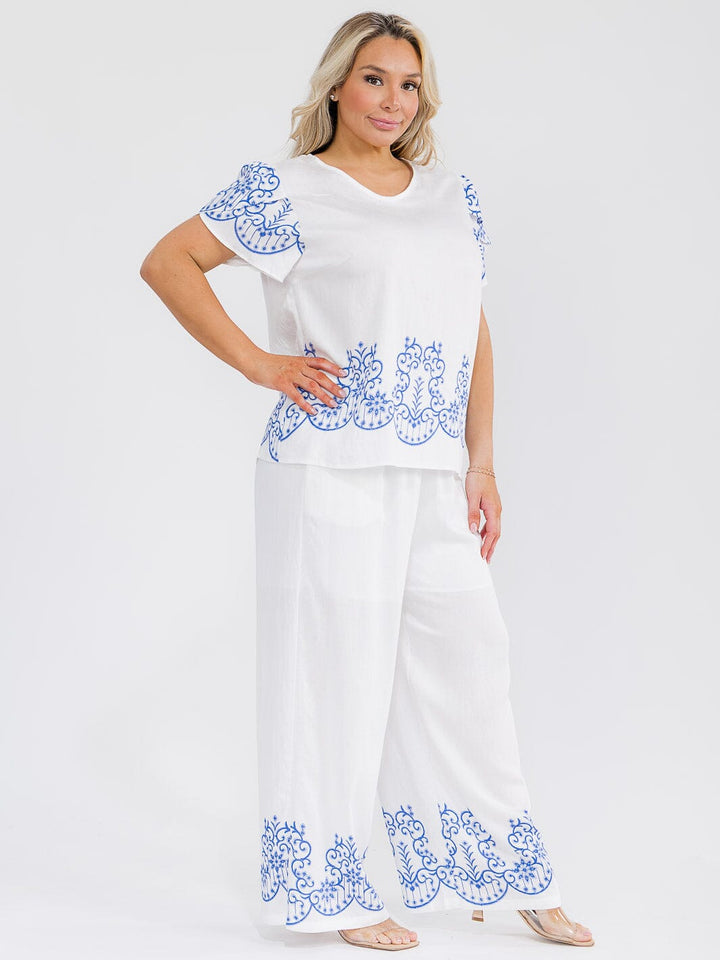 PLUS SIZE SHORT SLEEVE BLOUSE & ELASTIC WAIST PANTS MULTI PRINT 2PC. SET