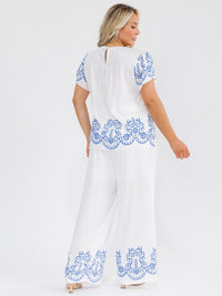 PLUS SIZE SHORT SLEEVE BLOUSE & ELASTIC WAIST PANTS MULTI PRINT 2PC. SET