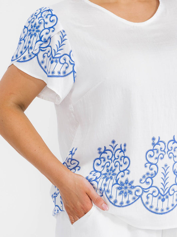 PLUS SIZE SHORT SLEEVE BLOUSE & ELASTIC WAIST PANTS MULTI PRINT 2PC. SET