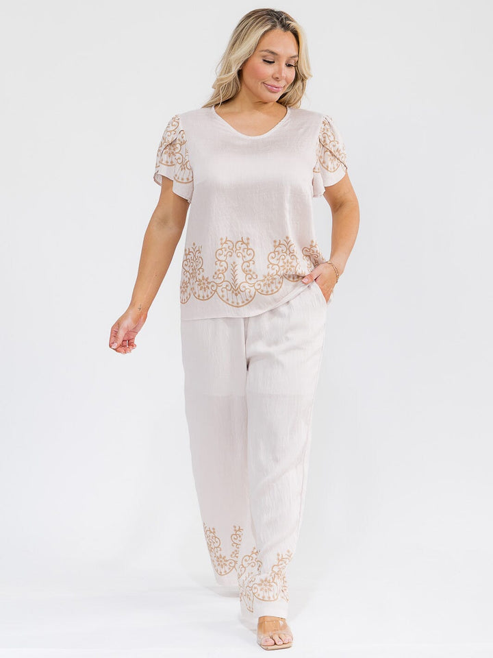 PLUS SIZE SHORT SLEEVE BLOUSE & ELASTIC WAIST PANTS MULTI PRINT 2PC. SET