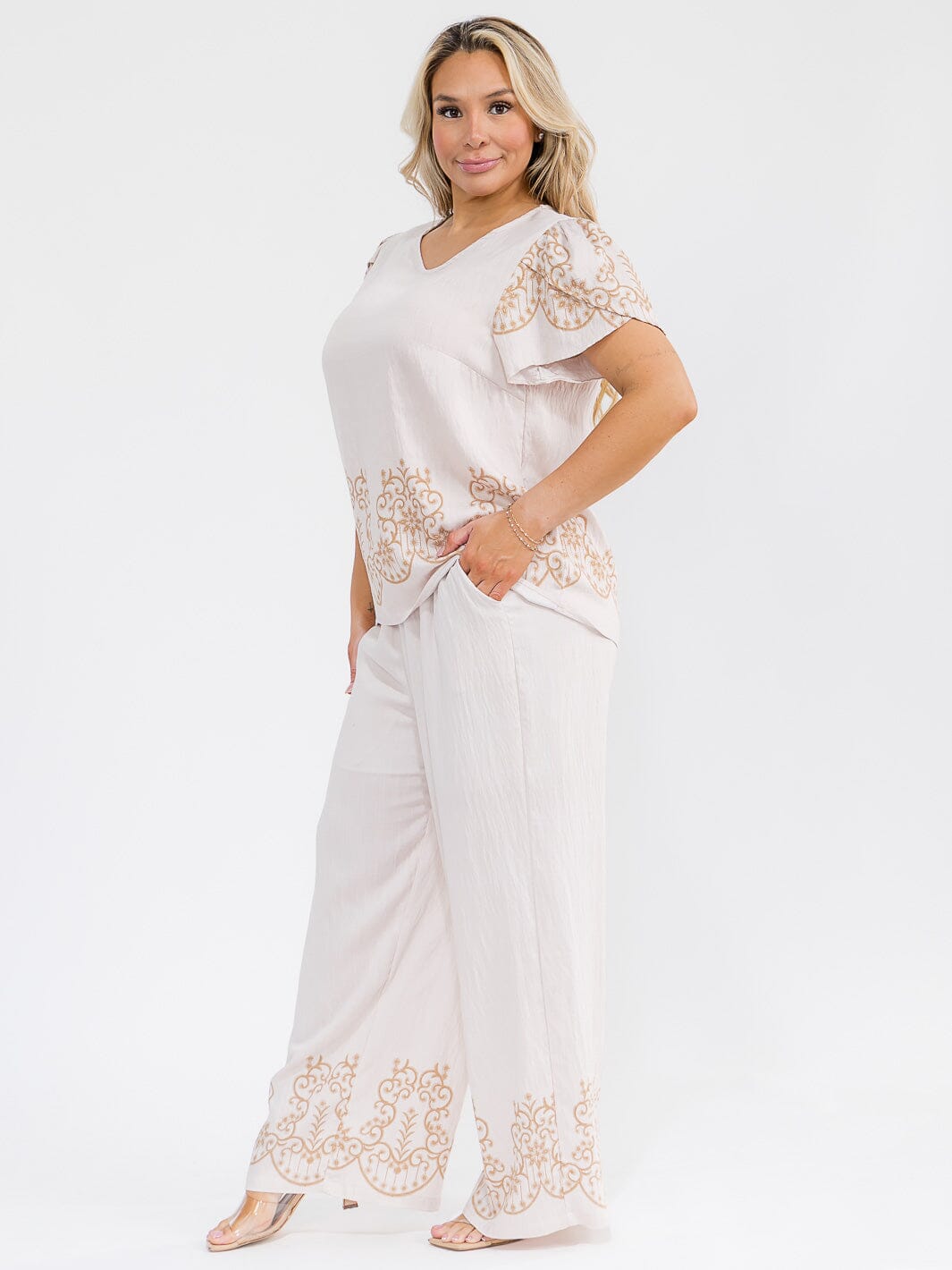 PLUS SIZE SHORT SLEEVE BLOUSE & ELASTIC WAIST PANTS MULTI PRINT 2PC. SET