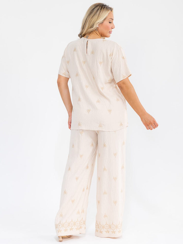 PLUS SIZE SHORT SLEEVE BLOUSE & ELASTIC WAIST PANTS EMBROIDERY 2PC. SET