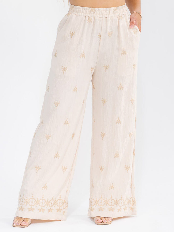 PLUS SIZE SHORT SLEEVE BLOUSE & ELASTIC WAIST PANTS EMBROIDERY 2PC. SET