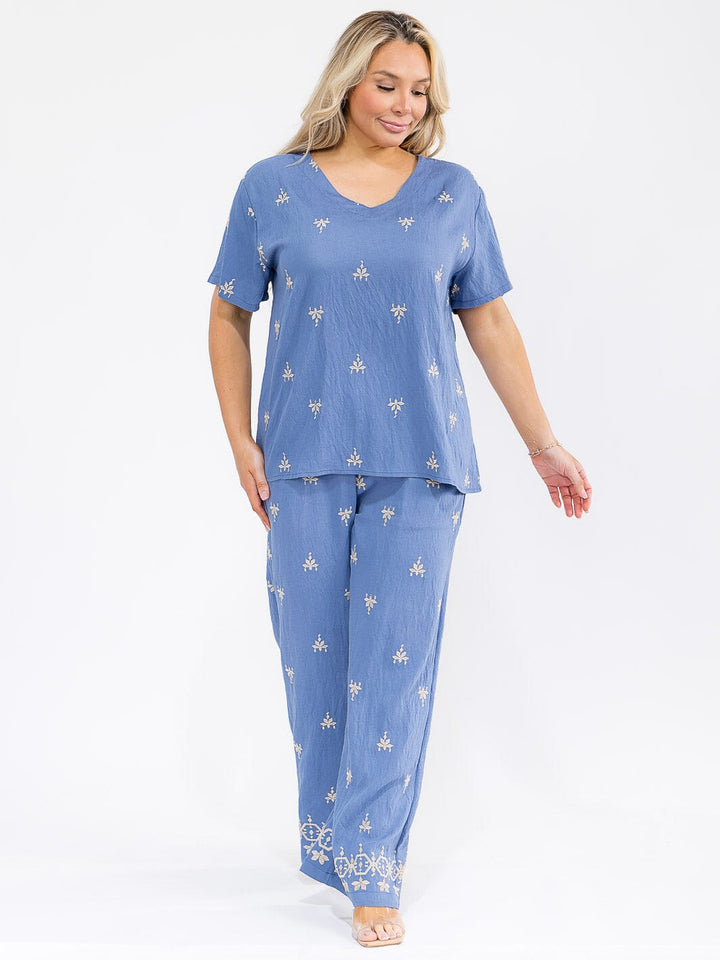 PLUS SIZE SHORT SLEEVE BLOUSE & ELASTIC WAIST PANTS EMBROIDERY 2PC. SET