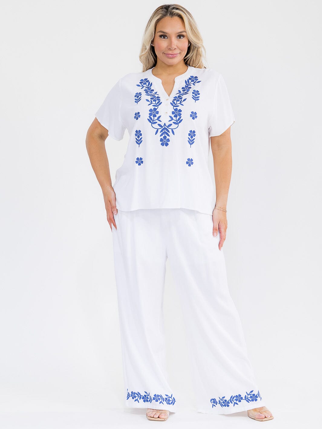 PLUS SIZE SHORT SLEEVE BLOUSE & ELASTIC WAIST PANTS EMBROIDERY LINEN 2PC. SET