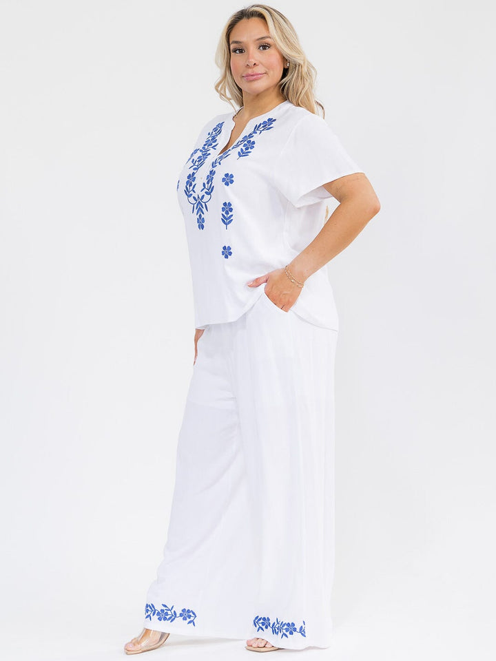 PLUS SIZE SHORT SLEEVE BLOUSE & ELASTIC WAIST PANTS EMBROIDERY LINEN 2PC. SET