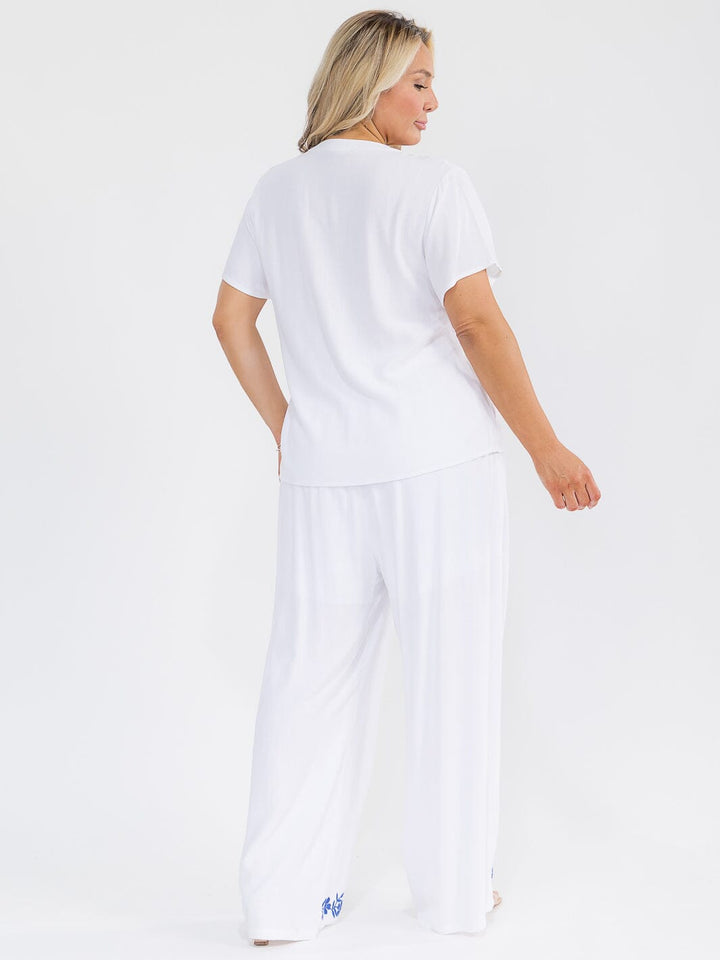 PLUS SIZE SHORT SLEEVE BLOUSE & ELASTIC WAIST PANTS EMBROIDERY LINEN 2PC. SET
