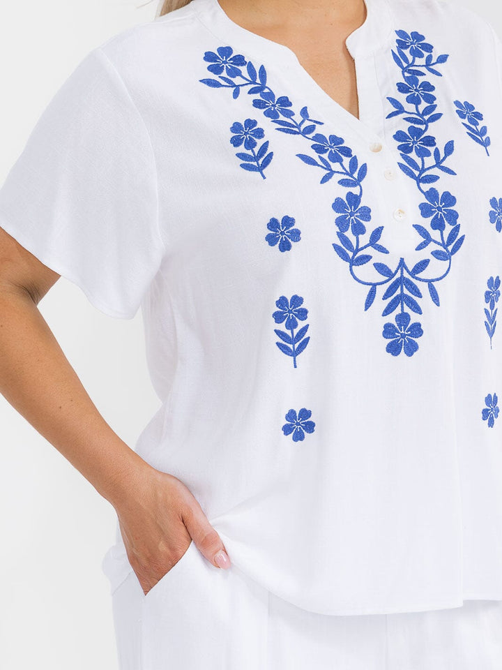 PLUS SIZE SHORT SLEEVE BLOUSE & ELASTIC WAIST PANTS EMBROIDERY LINEN 2PC. SET