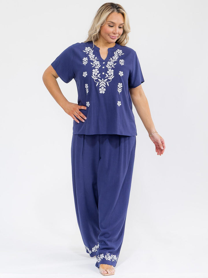 PLUS SIZE SHORT SLEEVE BLOUSE & ELASTIC WAIST PANTS EMBROIDERY LINEN 2PC. SET