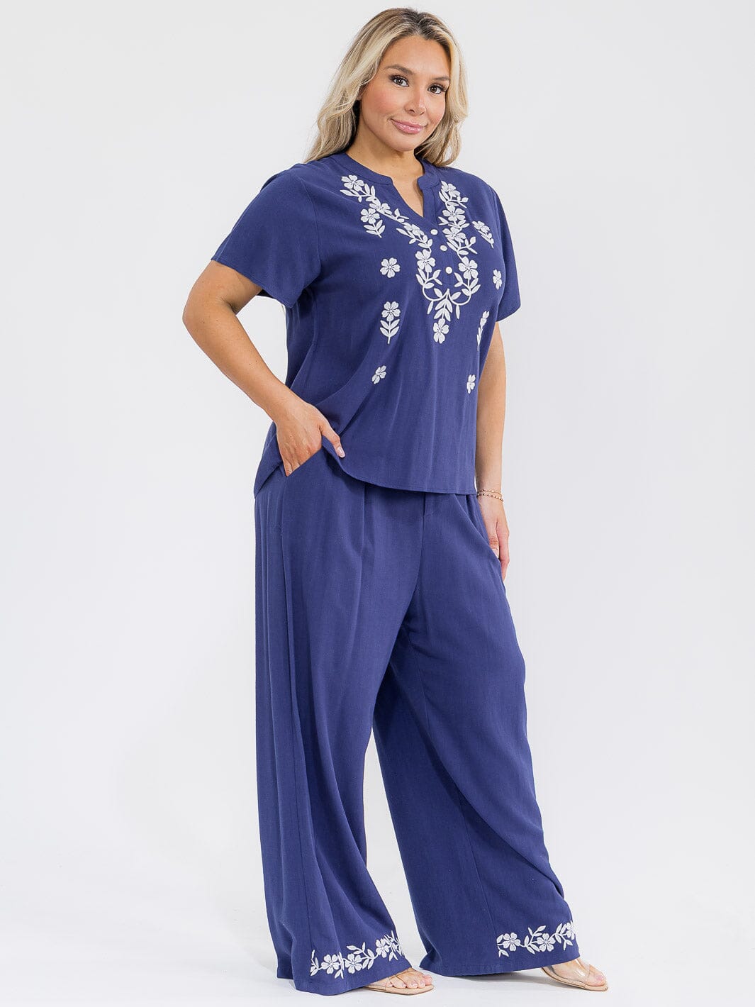 PLUS SIZE SHORT SLEEVE BLOUSE & ELASTIC WAIST PANTS EMBROIDERY LINEN 2PC. SET