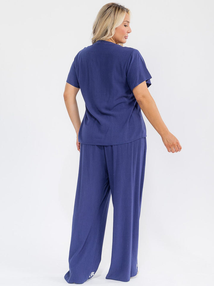 PLUS SIZE SHORT SLEEVE BLOUSE & ELASTIC WAIST PANTS EMBROIDERY LINEN 2PC. SET