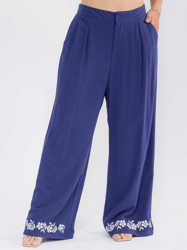 PLUS SIZE SHORT SLEEVE BLOUSE & ELASTIC WAIST PANTS EMBROIDERY LINEN 2PC. SET