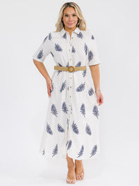 PLUS SIZE SHORT SLEEVE BUTTON UP BELTED EMBROIDERY LINEN MAXI DRESS