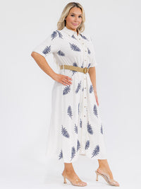 PLUS SIZE SHORT SLEEVE BUTTON UP BELTED EMBROIDERY LINEN MAXI DRESS