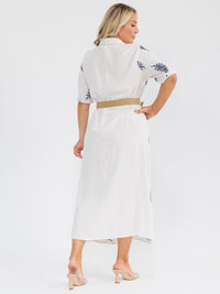 PLUS SIZE SHORT SLEEVE BUTTON UP BELTED EMBROIDERY LINEN MAXI DRESS