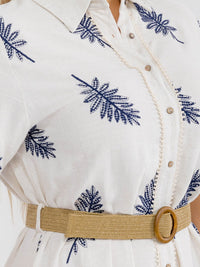 PLUS SIZE SHORT SLEEVE BUTTON UP BELTED EMBROIDERY LINEN MAXI DRESS