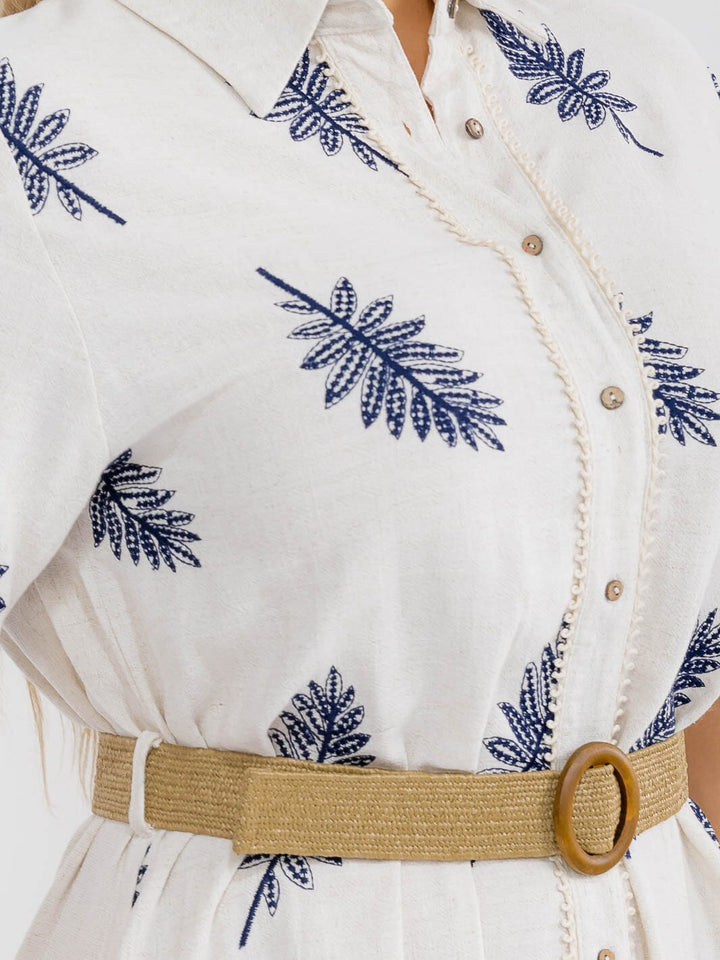 PLUS SIZE SHORT SLEEVE BUTTON UP BELTED EMBROIDERY LINEN MAXI DRESS