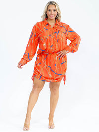 PLUS SIZE LONG SLEEVE MULTI PRINT SIDE RUCHED MINI DRESS