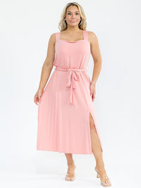 PLUS SIZE SLEEVELESS SQUARE NECK SELF TIE MIDI DRESS