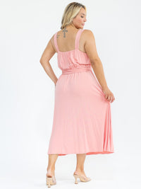 PLUS SIZE SLEEVELESS SQUARE NECK SELF TIE MIDI DRESS