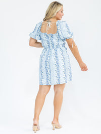 PLUS SIZE SHORT PUFF SLEEVE ELASTIC WAIST FLORAL MINI DRESS