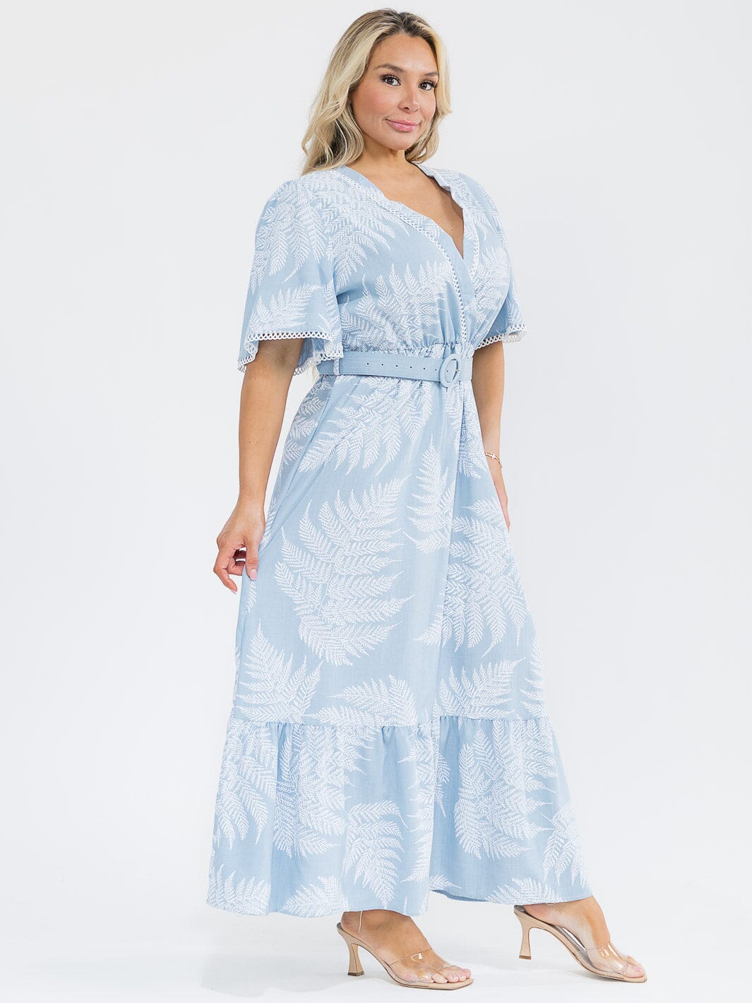 PLUS SIZE SHORT SLEEVE SURPLICE BELTED LEAF PRINT MAXI DRESS