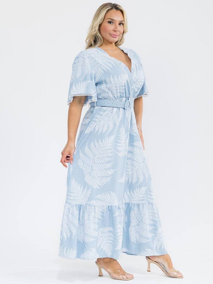 PLUS SIZE SHORT SLEEVE SURPLICE BELTED LEAF PRINT MAXI DRESS